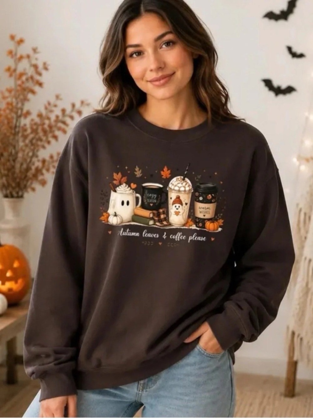 Brown Autumn Leaves & Coffee Graphic Sweatshirt